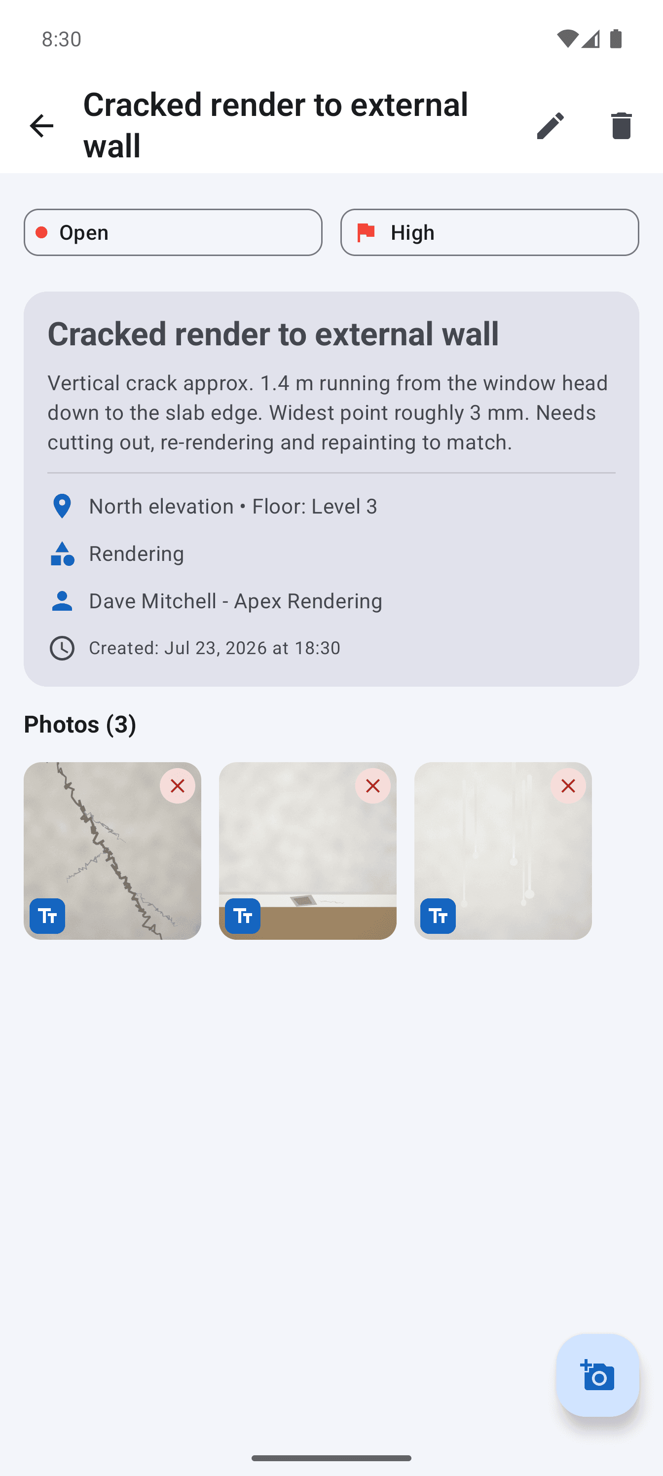 A construction defect in the Android app with its photos, description, location, category, assigned contractor, priority and status.