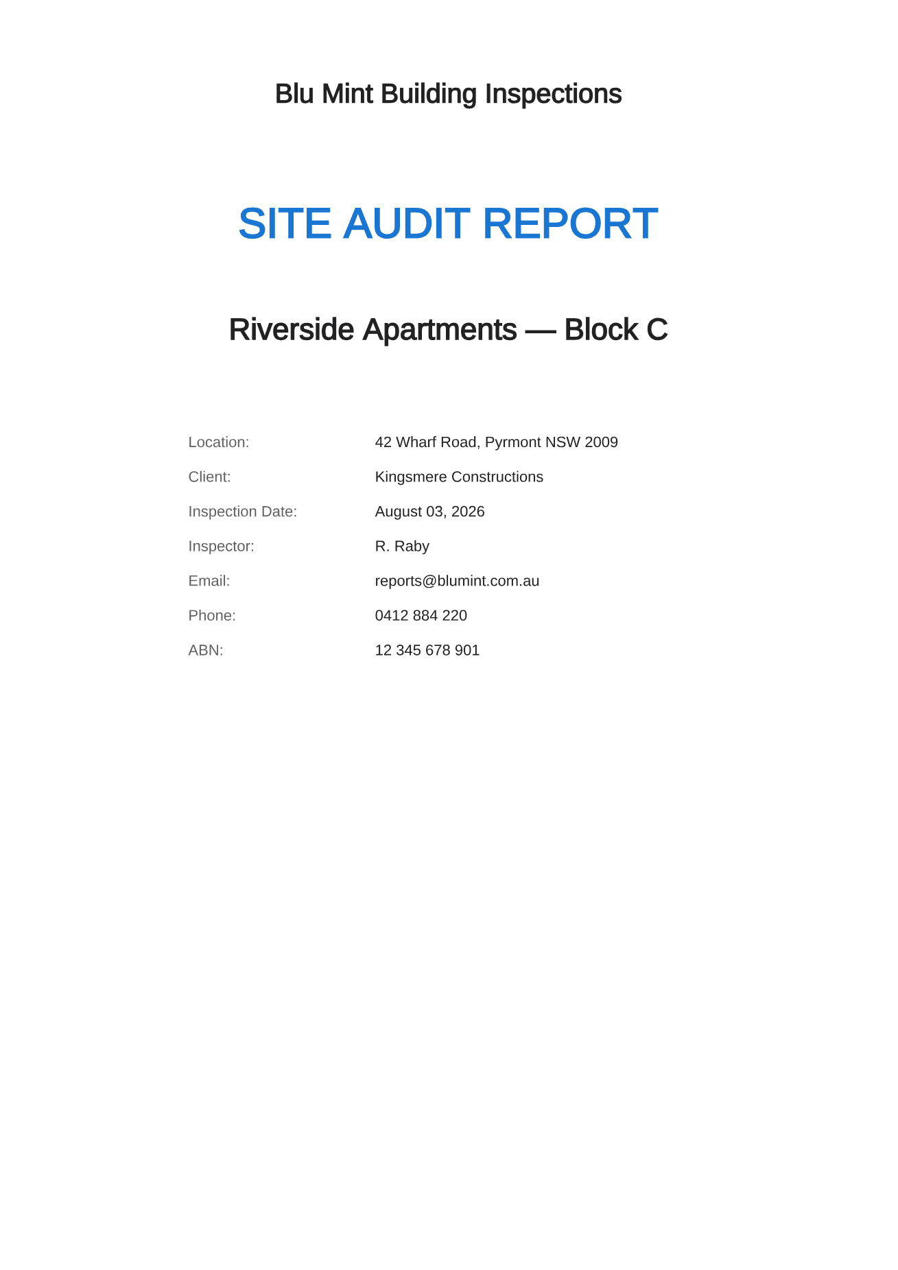 The cover of a sample site inspection report showing the business, project, client, inspection date and inspector contact details.