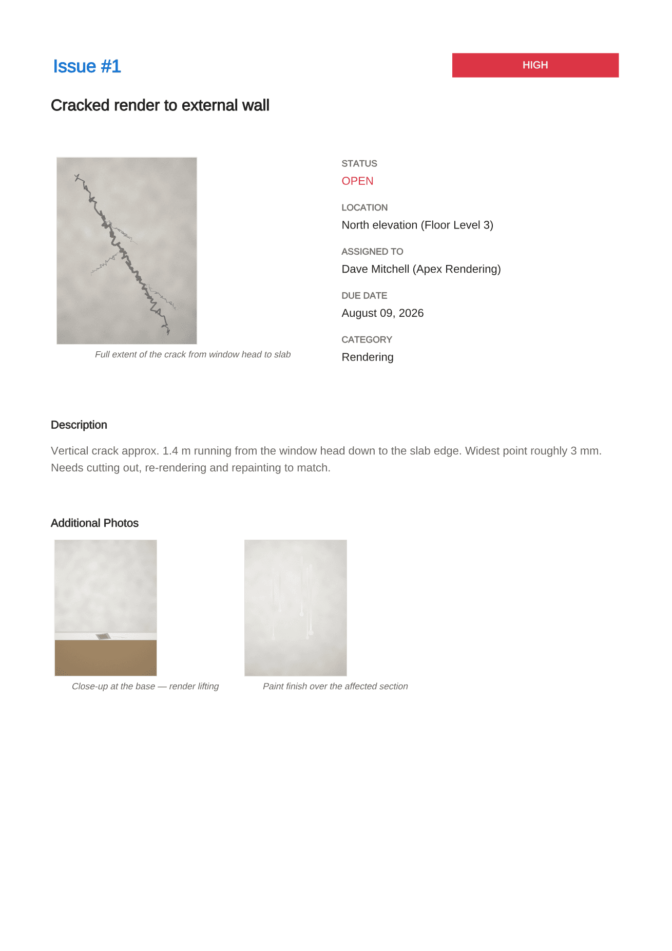 An example defect report page: issue number and priority at the top, then the defect title, a locating photograph with a caption, a panel giving status, location, assigned trade, due date and category, a factual description, and two further captioned photographs.