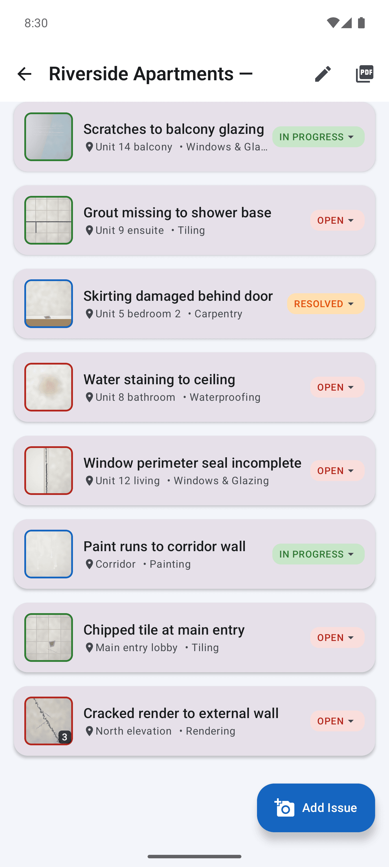 The issue register in the app, listing defects with a thumbnail, location, trade and status for each.