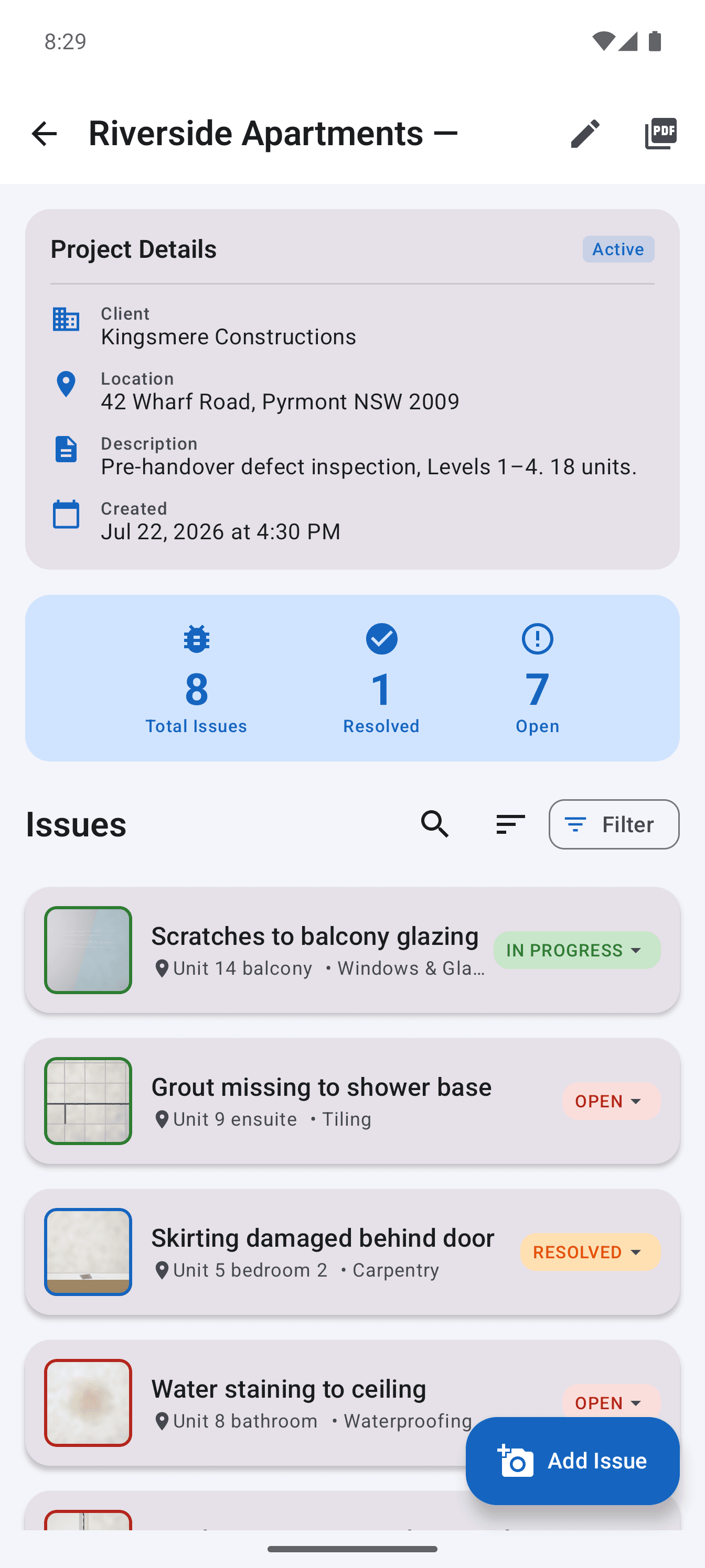 A punch list in the Android app with photo thumbnails, locations, assigned contractors, priorities and open or resolved statuses.